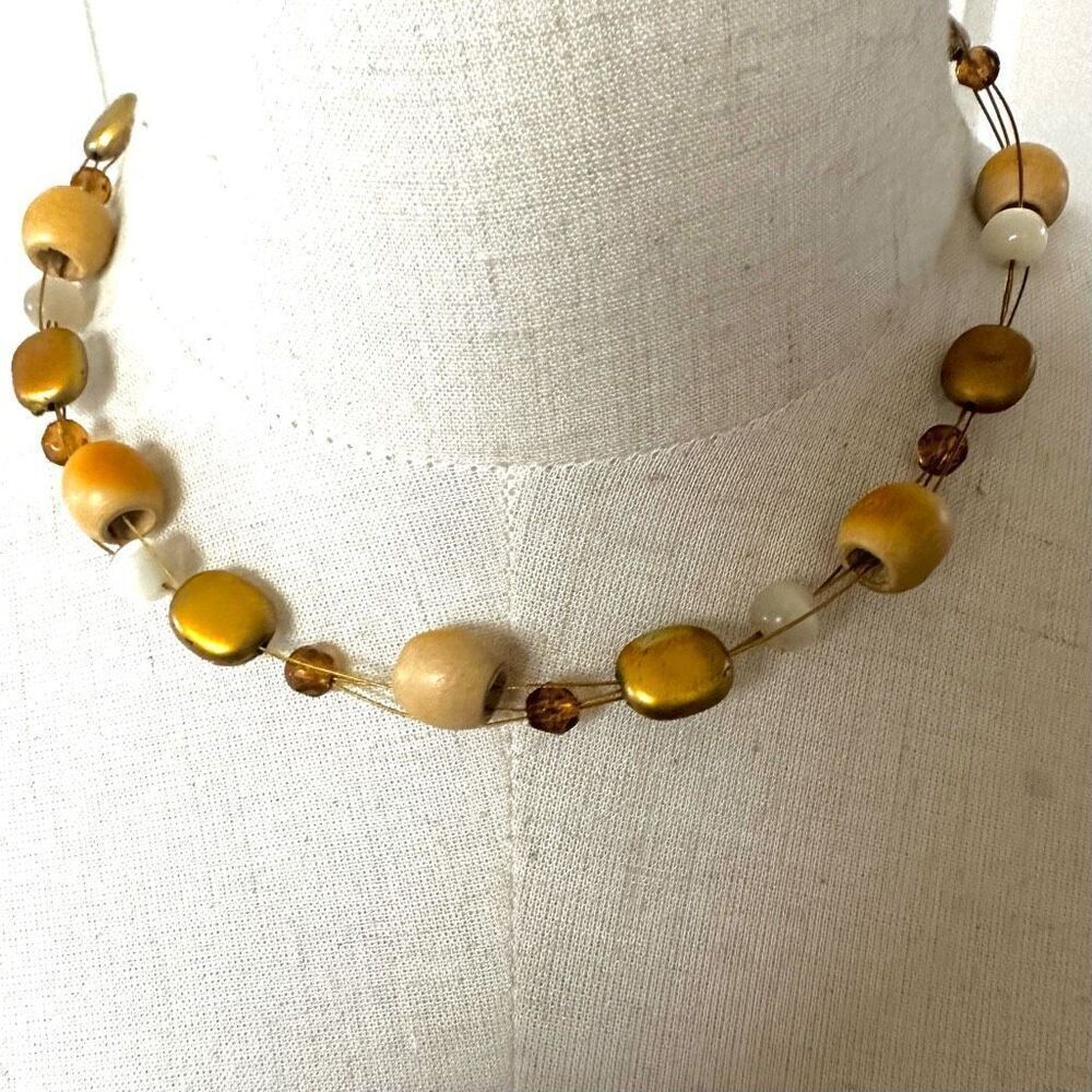 Gold brown and yellow beaded wire necklace